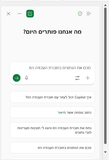 הסרגל הצידי של Copilot באקסל